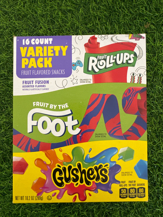 Fruit flavoured snacks, 16ct, variety pack fruit roll ups, fruit by the Foot and gushers. 289g