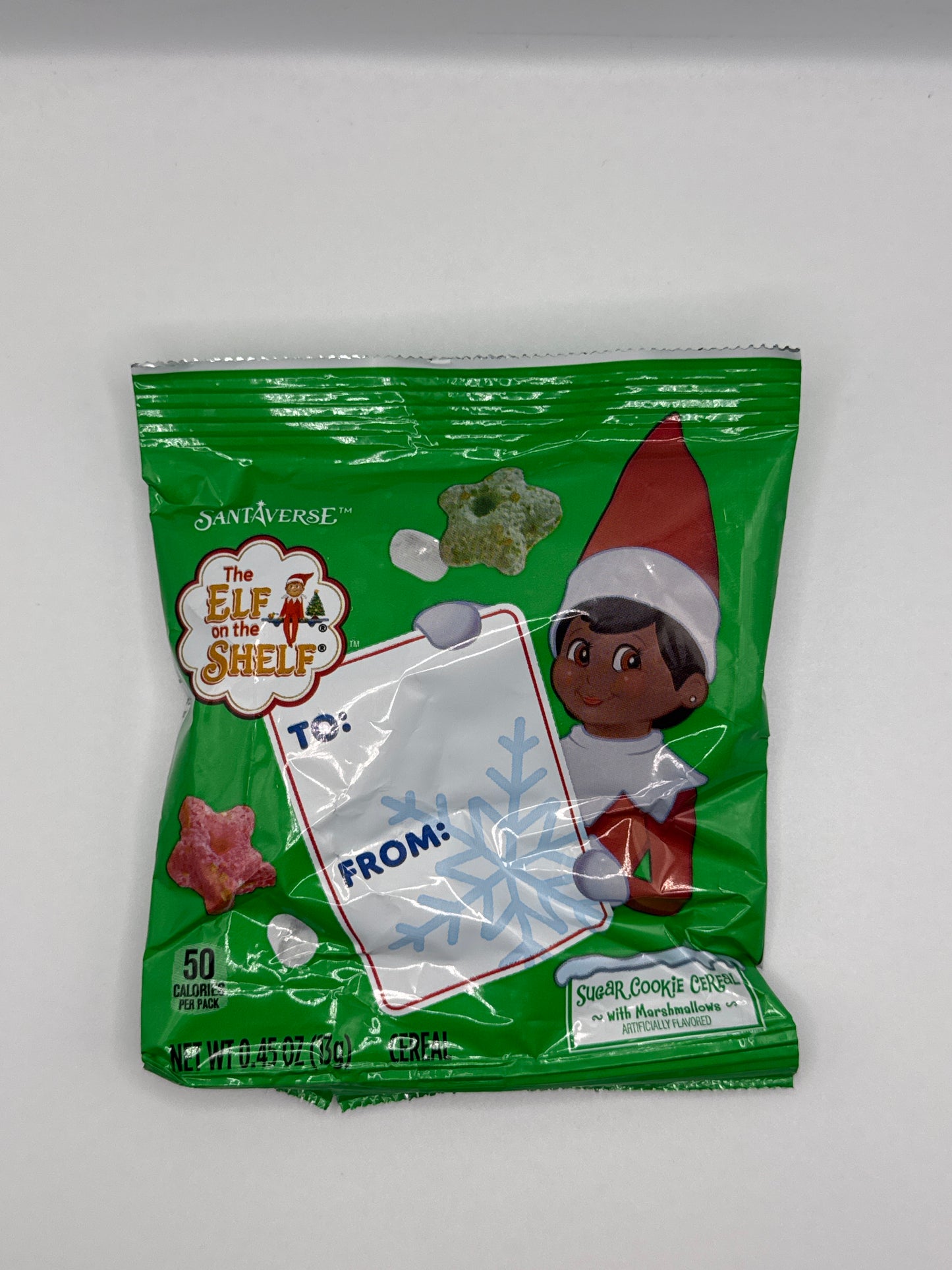 Elf on the shelf cereal snack bag in either hot cocoa or sugar cookie