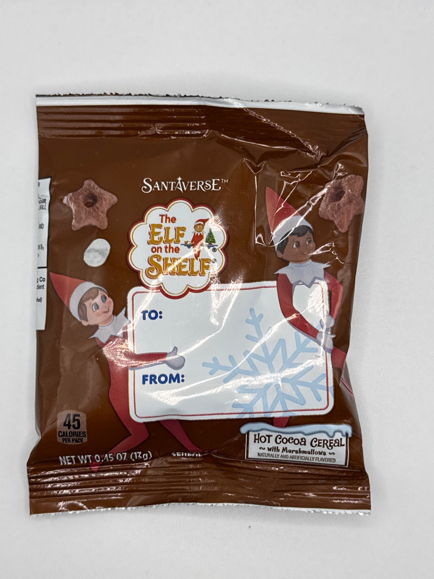 Elf on the shelf cereal snack bag in either hot cocoa or sugar cookie