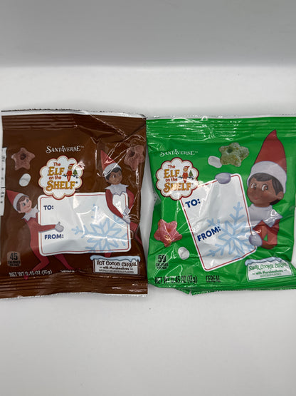 Elf on the shelf cereal snack bag in either hot cocoa or sugar cookie